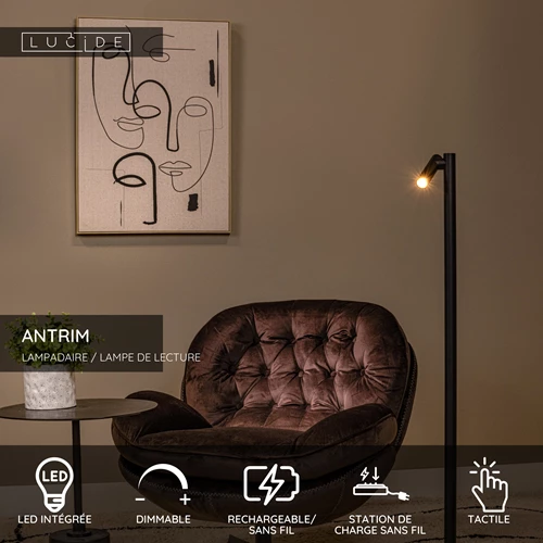 Lucide ANTRIM - Lampadaire / lampe de lecture Rechargeable Intérieur/Extérieur - Batterie/Piles - LED Dim. - 1x2,2W 2700K - IP54 - Avec station de charge sans fil - Noir - USP